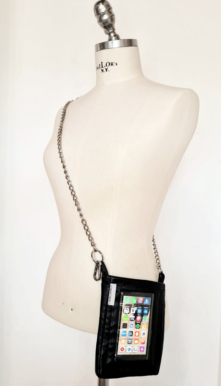amoamo Handy-Tasche mit transparenter Touchwindow aus schwarzem Leder